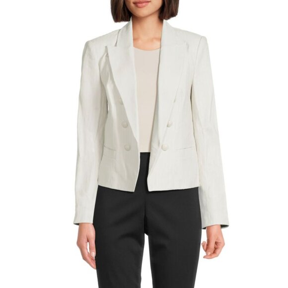 L'AGENCE Brooke Double Breasted Leather Blazer in White Stone